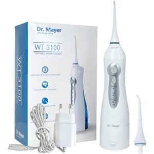 Орален душ DR. Mayer WT 3100, преносим,  бял/син, мултипулсова технология, налягане от 40 до 90 PSI, 3 режима на почистване, резервоар 150 мл, 2 накрайника